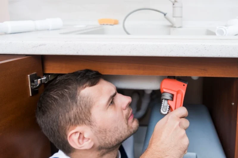 Plumber inspecting hot water heater for repair or replacement