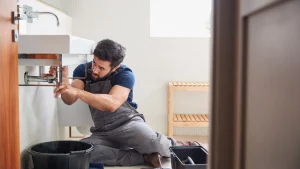 Plumber fixing bathroom sink pipe
