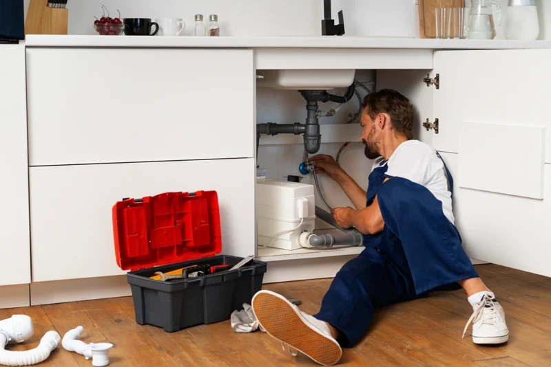 Prevent blocked drains shown with a technician repairing under‑sink plumbing