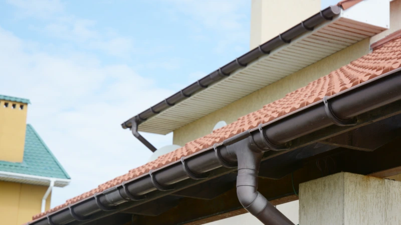 Black guttering installation on house roof with modern finish
