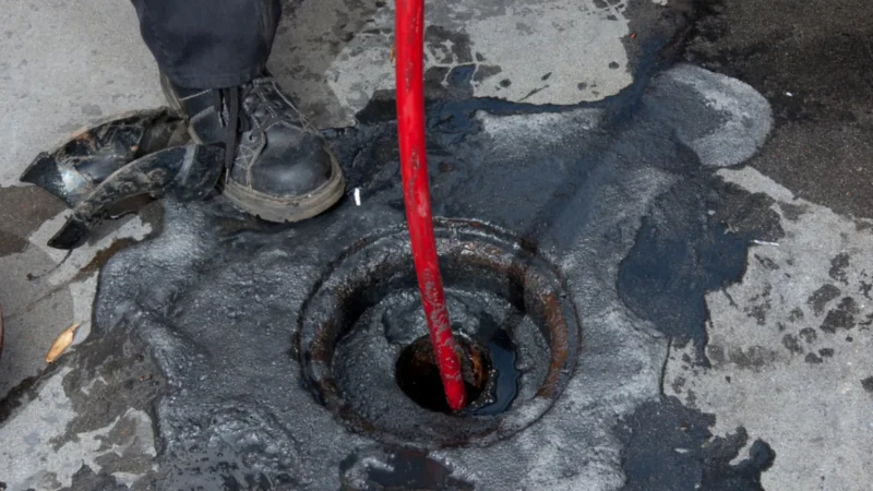 Local plumber clearing blocked drain with professional plumbing equipment
