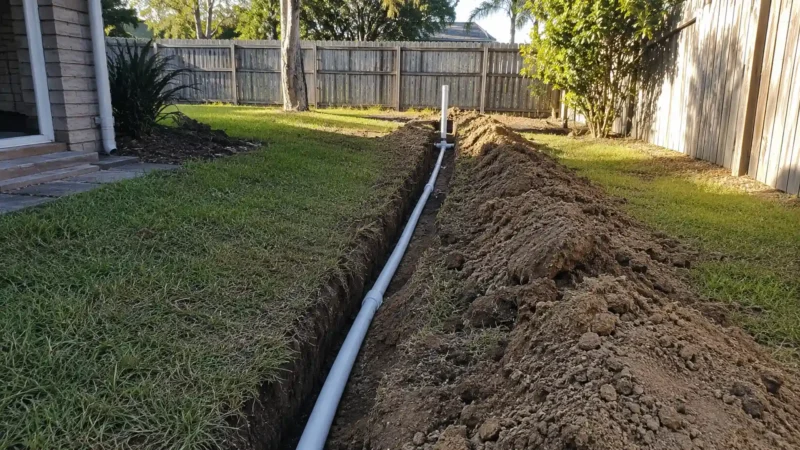 Backyard drainage trench with white PVC pipe installed for residential stormwater and excavation works