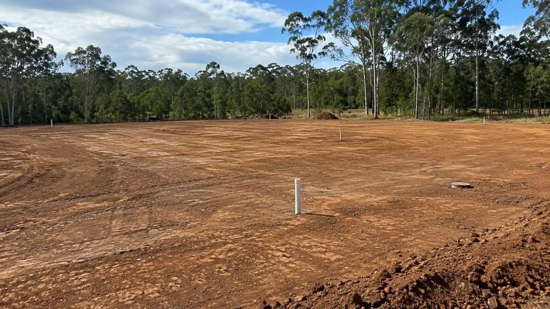 Earthmoving site preparation on an acreage property in South East Queensland with a levelled dirt pad and visible pipe markers