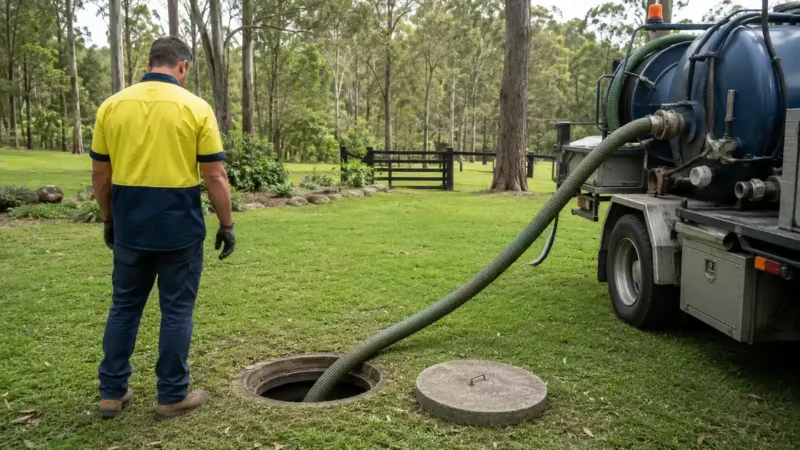 Gold Coast septic tank pump out service with hose running from truck to open tank access point