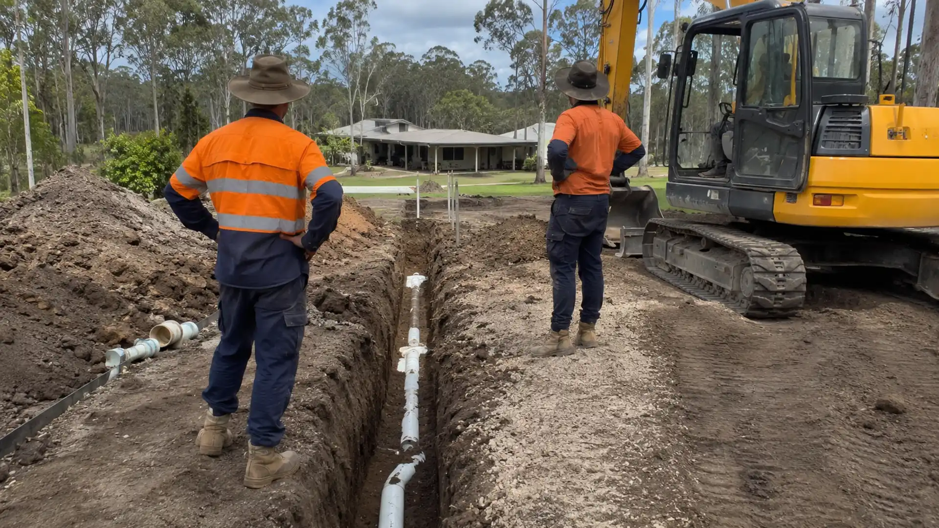 Septic excavation and drainage trenching on a residential acreage site with pipework installed beside an excavator
