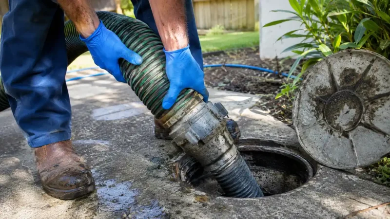 Close-up of septic pump out hose being connected to a septic tank access point on the Gold Coast