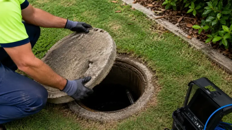 Plumber opening a septic tank access lid for septic tank pump out on the Gold Coast