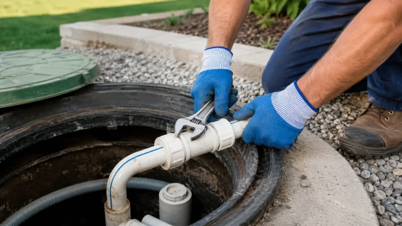 Close-up of gloved hands repairing septic tank pipe connections during a Gold Coast septic tank repair service.