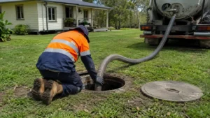 Septic tank pump out service at a rural Queensland home with a technician using a vacuum hose from a pump truck.