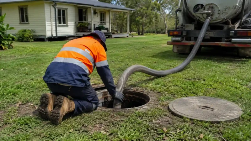 Septic tank pump out service at a rural Queensland home with a technician using a vacuum hose from a pump truck.