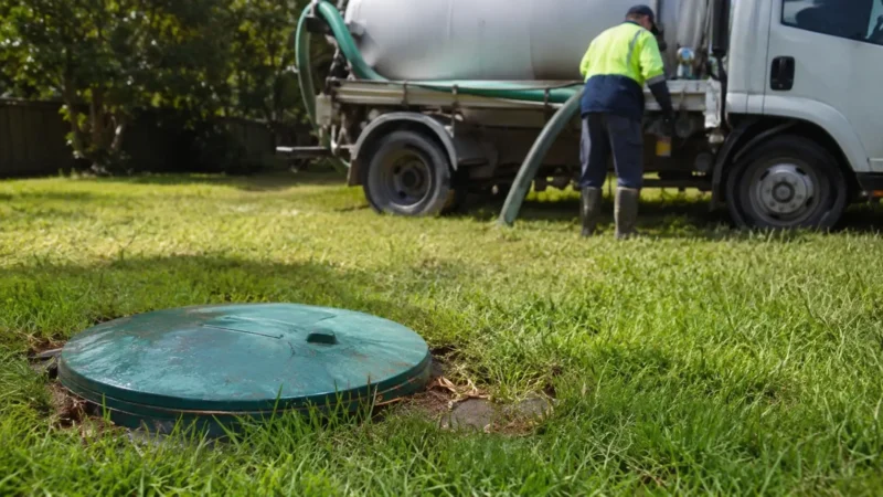 Septic system access lid in a grassy yard with a service truck and technician attending to potential septic system trouble.